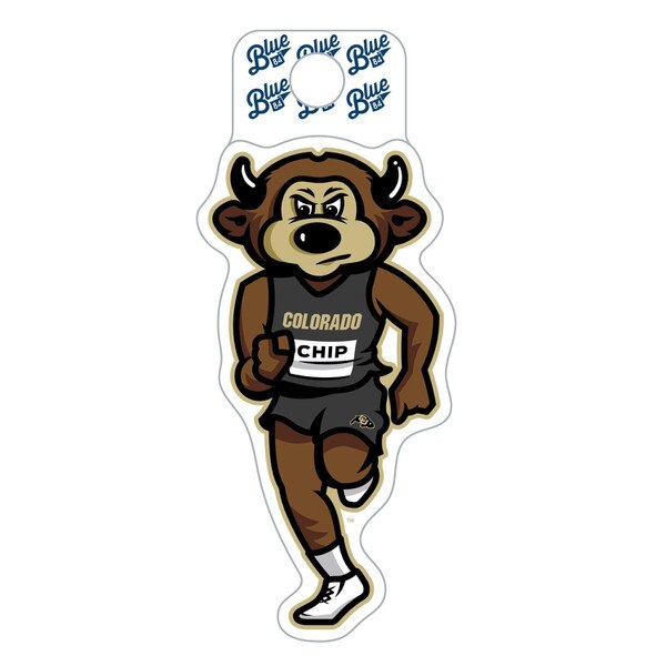 This sticker has the Chip mascot dressed in a track & field uniform. His top says Colorado, his tag has his name on it, his shorts have a CU Buffalo Logo, and his shoes are white.